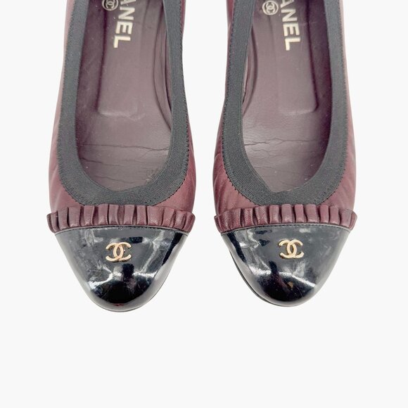 Chanel CC Ruffle Cap Toe Ballet Flats EU 37 US 6-6.5 Brown Burgundy Leather - Picture 3 of 15